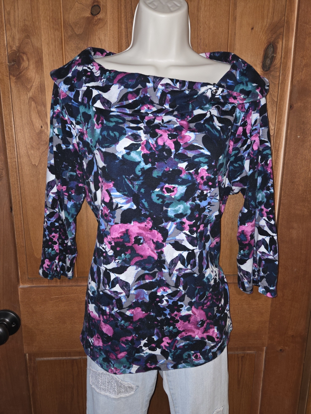 Rafaella Floral Boatneck Long Sleeve Top — Black, Pink & Teal